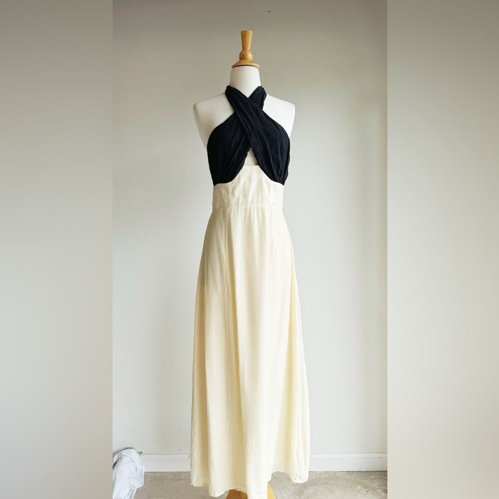 MIKA & GALA Paris Afternoon Halter Maxi Dress Cream Contrast Formal Size L - Picture 6 of 10